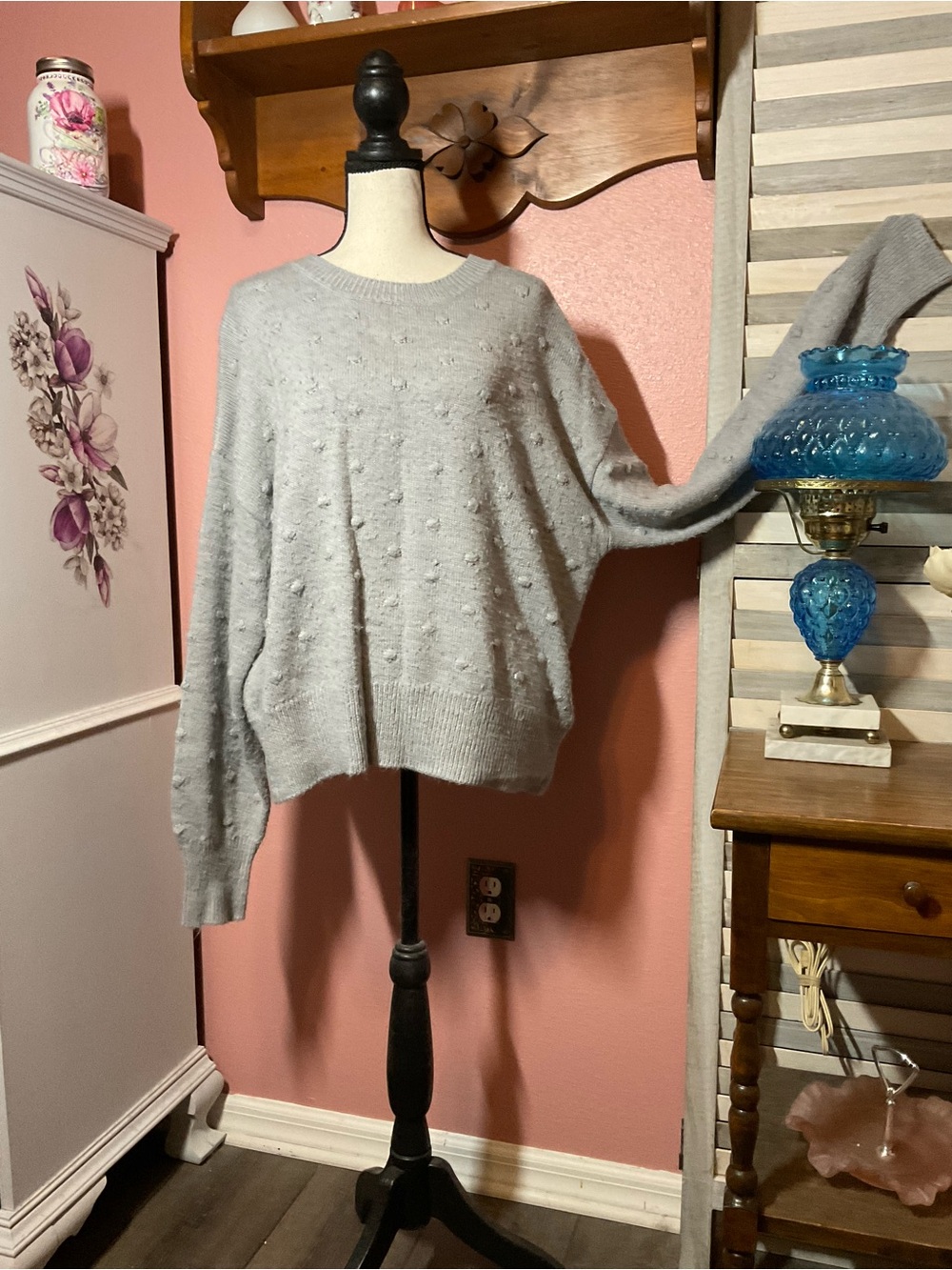 Women's Light Gray Crewneck Sweater with Dot Texture